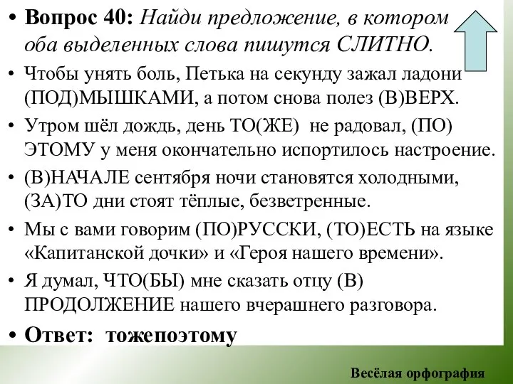 Вопрос 40: Найди предложение, в котором оба выделенных слова пишутся СЛИТНО.