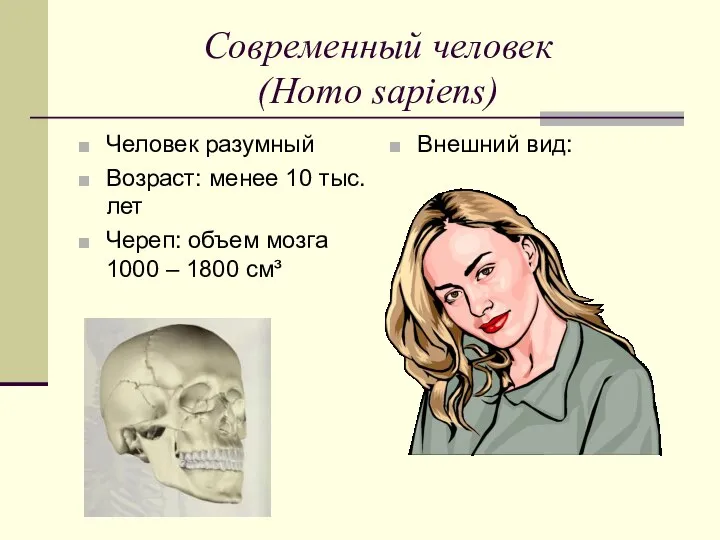 Современный человек (Homo sapiens) Человек разумный Возраст: менее 10 тыс. лет