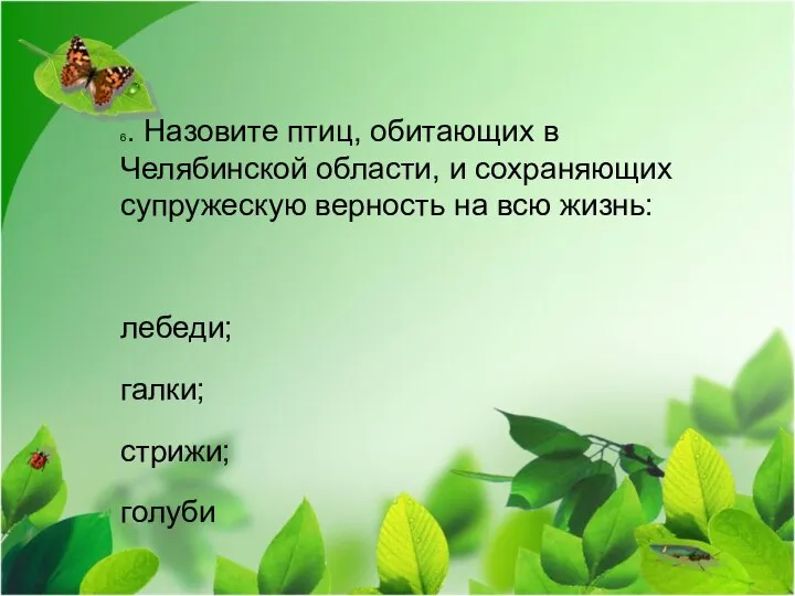 6. Назовите птиц, обитающих в Челябинской области, и сохраняющих супружескую верность