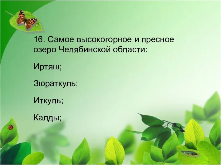 16. Самое высокогорное и пресное озеро Челябинской области: Иртяш; Зюраткуль; Иткуль; Калды;