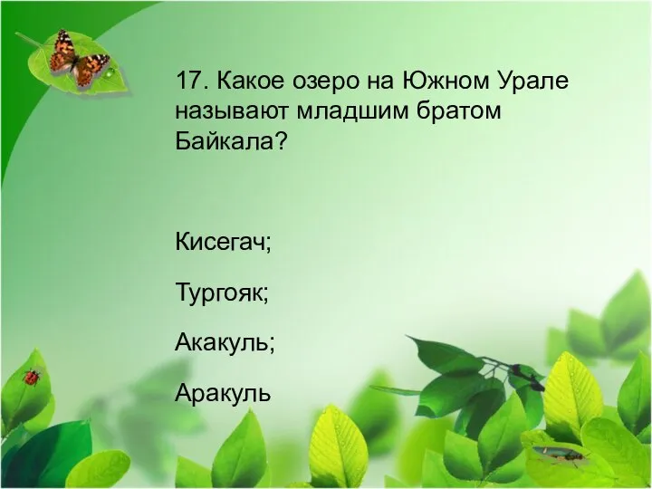 17. Какое озеро на Южном Урале называют младшим братом Байкала? Кисегач; Тургояк; Акакуль; Аракуль