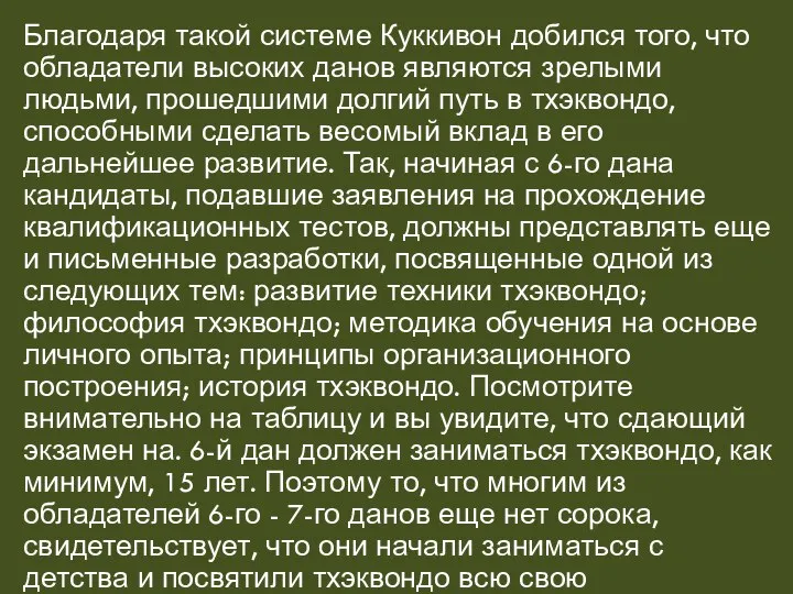 Благодаря такой системе Куккивон добился того, что обладатели высоких данов являются