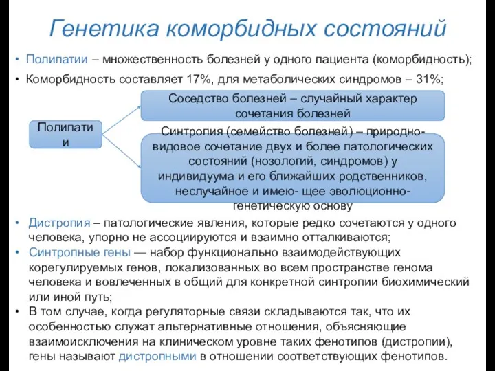 Генетика коморбидных состояний Полипатии – множественность болезней у одного пациента (коморбидность);