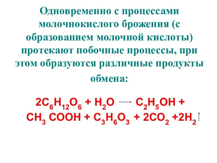 Одновременно с процессами молочнокислого брожения (с образованием молочной кислоты) протекают побочные