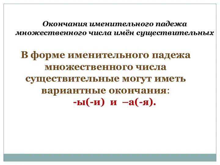 Окончания именительного падежа множественного числа имён существительных В форме именительного падежа