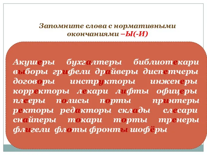 Запомните слова с нормативными окончаниями –Ы(-И) Акушеры бухгалтеры библиотекари выборы грифели