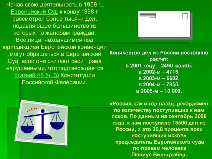 Количество дел из России постоянно растет: в 2001 году – 2490