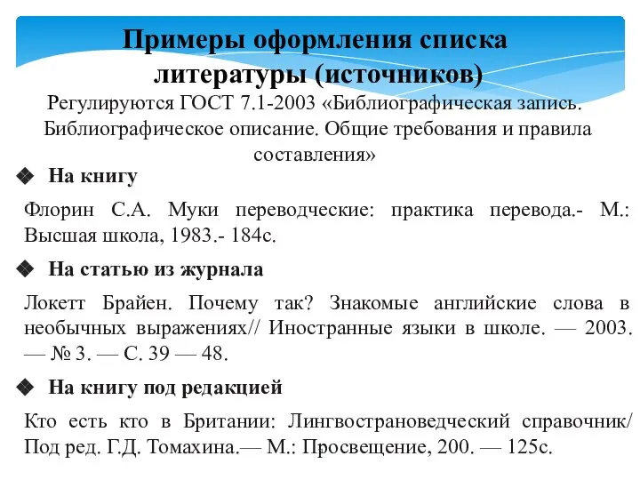 Примеры оформления списка литературы (источников) Регулируются ГОСТ 7.1-2003 «Библиографическая запись. Библиографическое