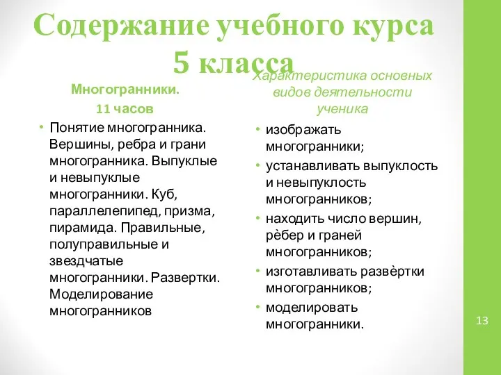 Содержание учебного курса 5 класса Многогранники. 11 часов Понятие многогранника. Вершины,