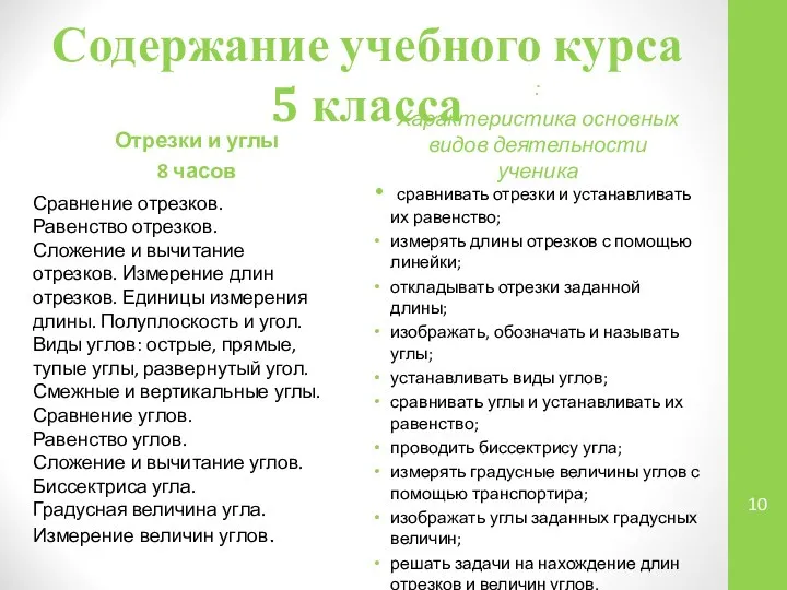 Содержание учебного курса 5 класса Отрезки и углы 8 часов Сравнение