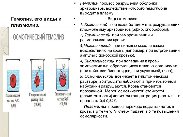 Гемолиз, его виды и плазмолиз. Гемолиз- процесс разрушения оболочки эритроцитов, вследствие