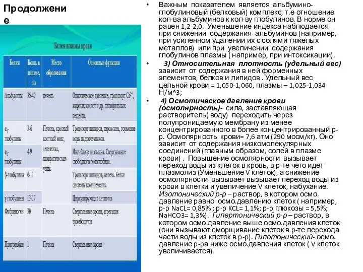 Продолжение Важным показателем является альбумино-глобулиновый (белковый) комплекс, т.е отношение кол-ва альбуминов