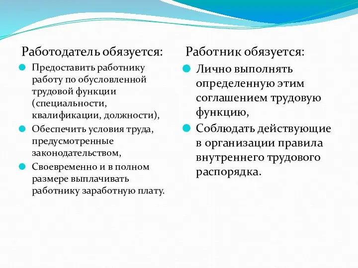 Работодатель обязуется: Предоставить работнику работу по обусловленной трудовой функции (специальности, квалификации,