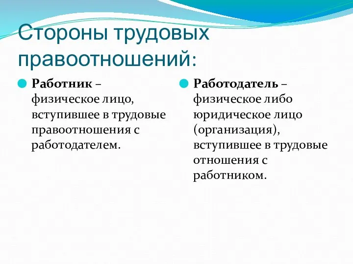 Стороны трудовых правоотношений: Работник – физическое лицо, вступившее в трудовые правоотношения