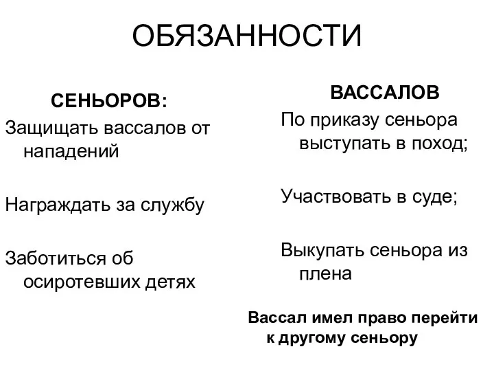 ОБЯЗАННОСТИ СЕНЬОРОВ: Защищать вассалов от нападений Награждать за службу Заботиться об