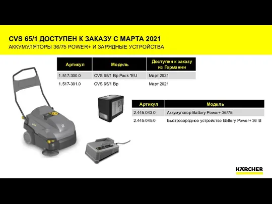 АККУМУЛЯТОРЫ 36/75 POWER+ И ЗАРЯДНЫЕ УСТРОЙСТВА CVS 65/1 ДОСТУПЕН К ЗАКАЗУ С МАРТА 2021