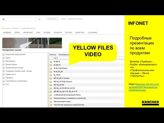 INFONET Отдел/имя автора | Заглавие | Дата https://kaercher-infonet.com/ua/tabid/1947/language/uk-UA/Default.aspx YELLOW FILES VIDEO