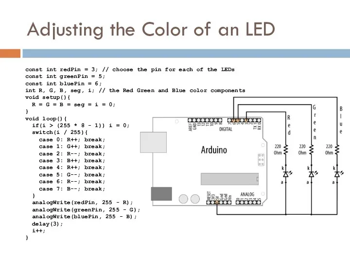 Adjusting the Color of an LED const int redPin = 3;