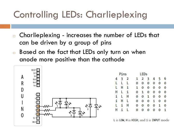 Controlling LEDs: Charlieplexing Charlieplexing - increases the number of LEDs that