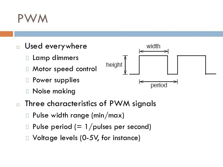 PWM Used everywhere Lamp dimmers Motor speed control Power supplies Noise