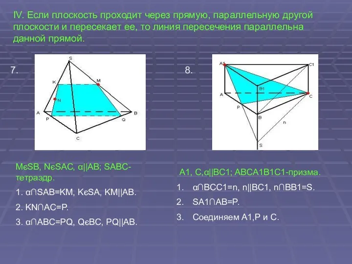 IV. Если плоскость проходит через прямую, параллельную другой плоскости и пересекает