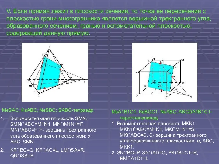 V. Если прямая лежит в плоскости сечения, то точка ее пересечения