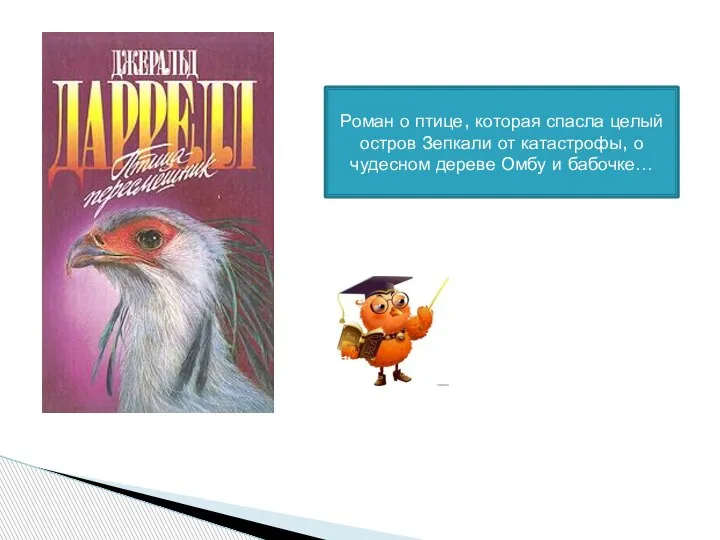 Роман о птице, которая спасла целый остров Зепкали от катастрофы, о чудесном дереве Омбу и бабочке…