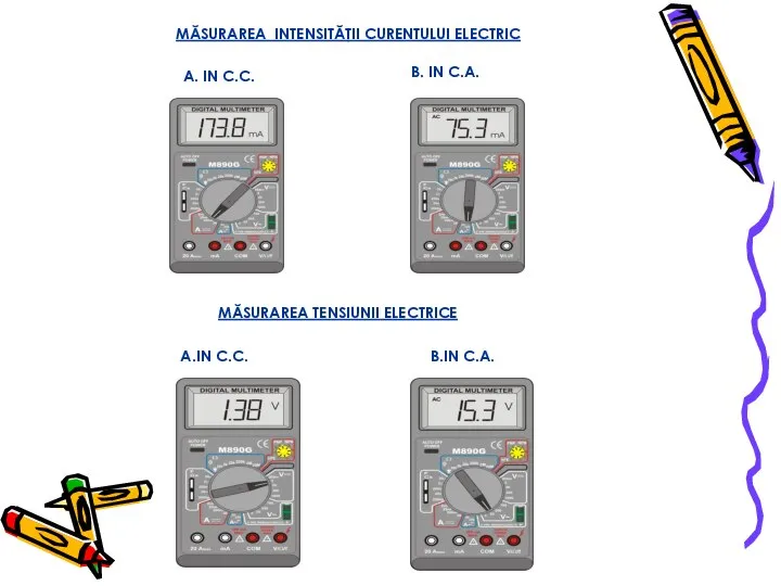 MĂSURAREA INTENSITĂŢII CURENTULUI ELECTRIC A. IN C.C. B. IN C.A. MĂSURAREA