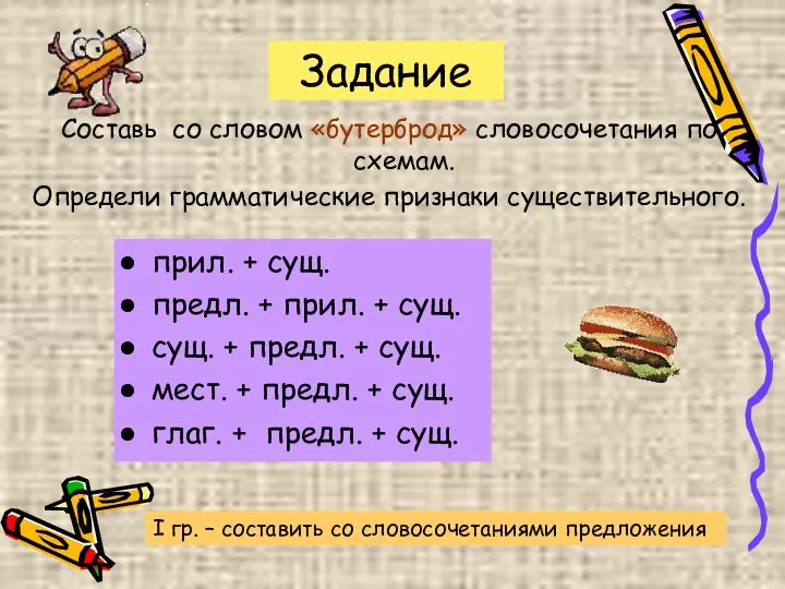 Задание Составь со словом «бутерброд» словосочетания по схемам. Определи грамматические признаки