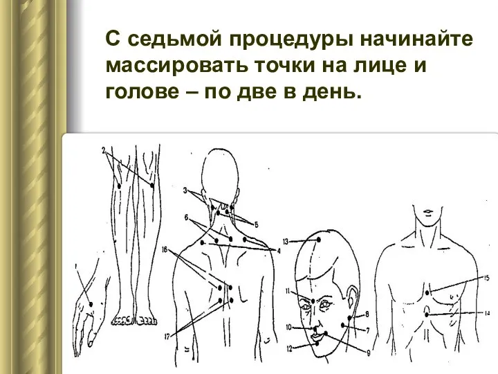 С седьмой процедуры начинайте массировать точки на лице и голове – по две в день.