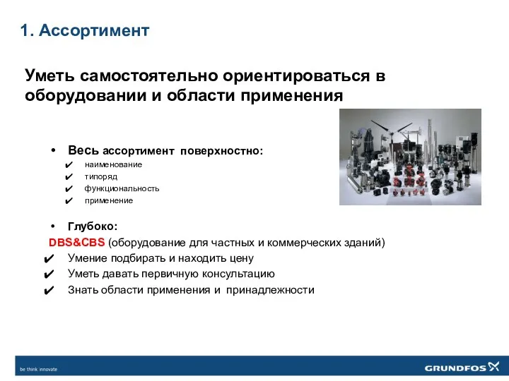 1. Ассортимент Весь ассортимент поверхностно: наименование типоряд функциональность применение Глубоко: DBS&CBS