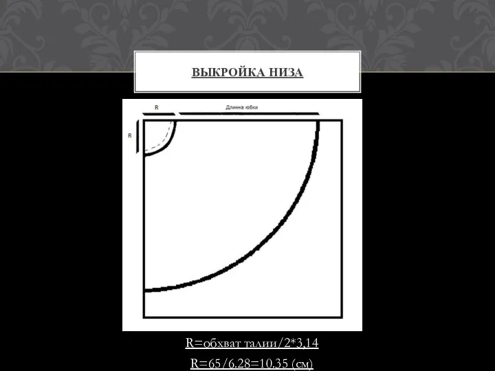 R=обхват талии/2*3,14 R=65/6.28=10.35 (см) ВЫКРОЙКА НИЗА