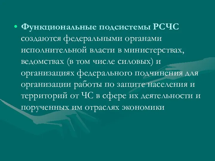 Функциональные подсистемы РСЧС создаются федеральными органами исполнительной власти в министерствах, ведомствах