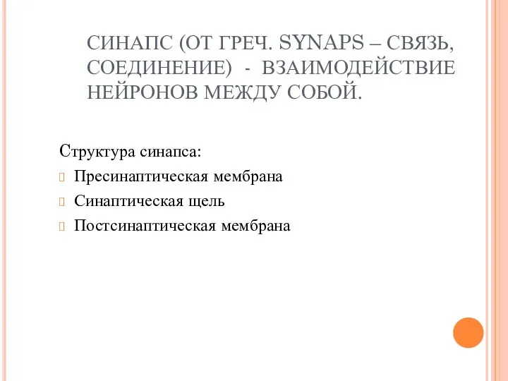 СИНАПС (ОТ ГРЕЧ. SYNAPS – СВЯЗЬ, СОЕДИНЕНИЕ) - ВЗАИМОДЕЙСТВИЕ НЕЙРОНОВ МЕЖДУ