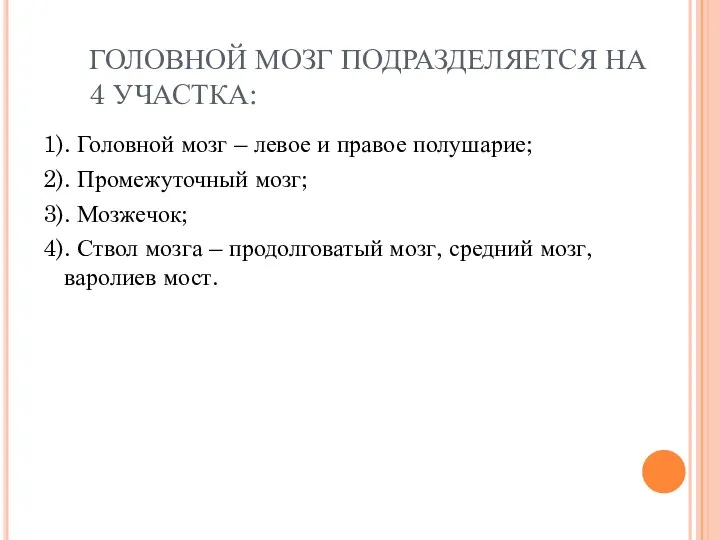 ГОЛОВНОЙ МОЗГ ПОДРАЗДЕЛЯЕТСЯ НА 4 УЧАСТКА: 1). Головной мозг – левое