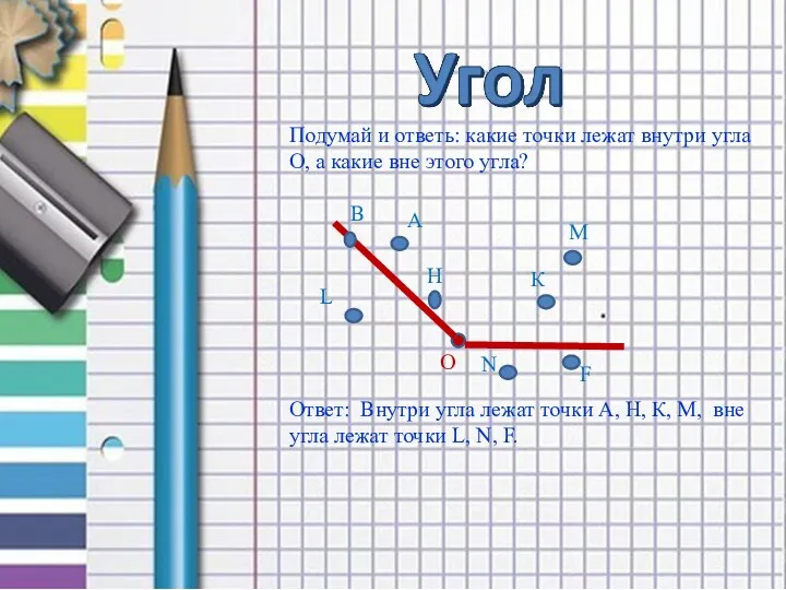 Подумай и ответь: какие точки лежат внутри угла О, а какие