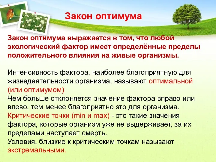 Закон оптимума выражается в том, что любой экологический фактор имеет определённые