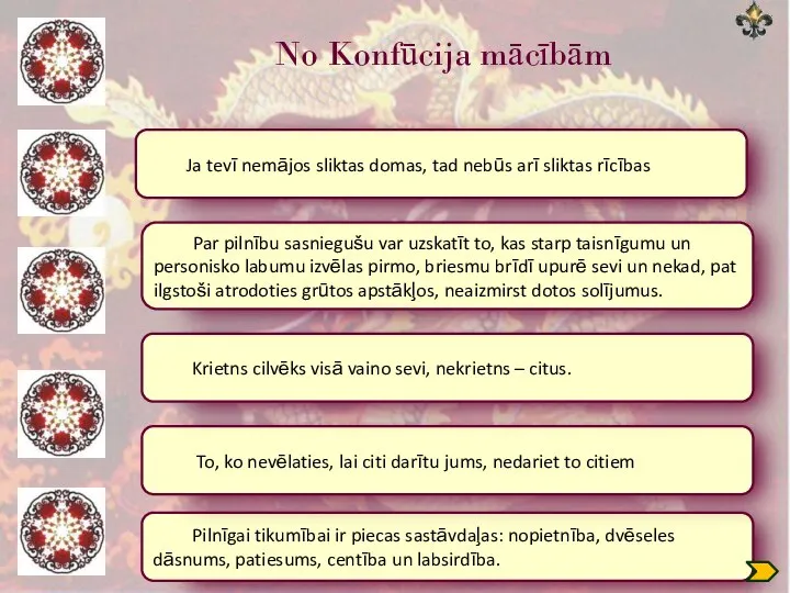 No Konfūcija mācībām Pilnīgai tikumībai ir piecas sastāvdaļas: nopietnība, dvēseles dāsnums,