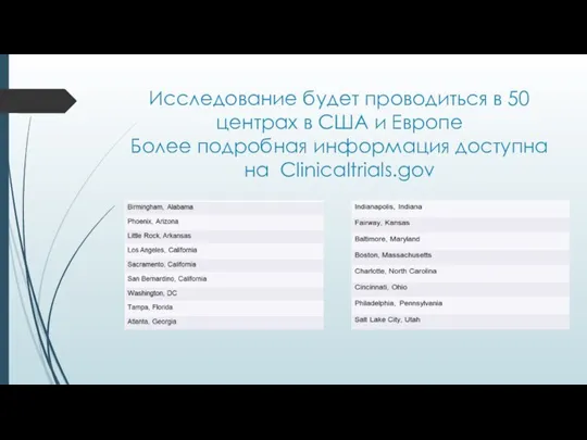 Исследование будет проводиться в 50 центрах в США и Европе Более подробная информация доступна на Clinicaltrials.gov