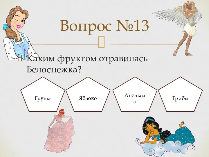 Каким фруктом отравилась Белоснежка? Вопрос №13 Груша Яблоко Апельсин Грибы