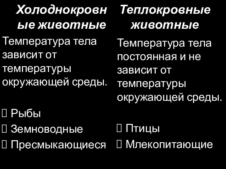 Холоднокровные животные Температура тела зависит от температуры окружающей среды. Рыбы Земноводные