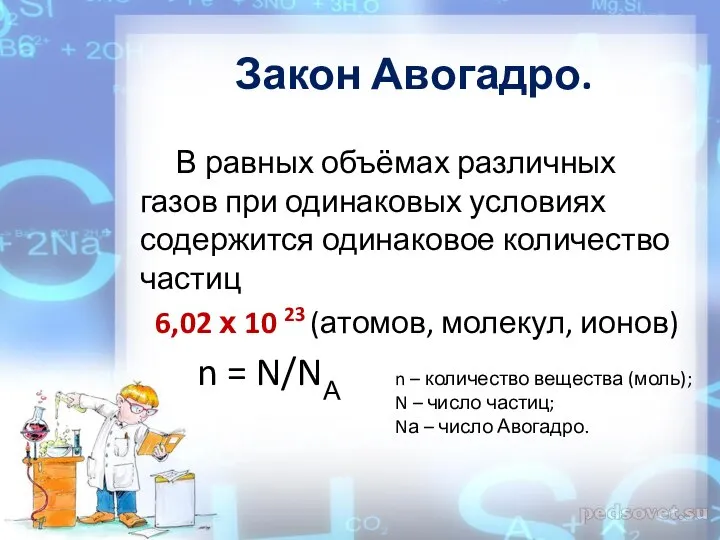 Закон Авогадро. В равных объёмах различных газов при одинаковых условиях содержится