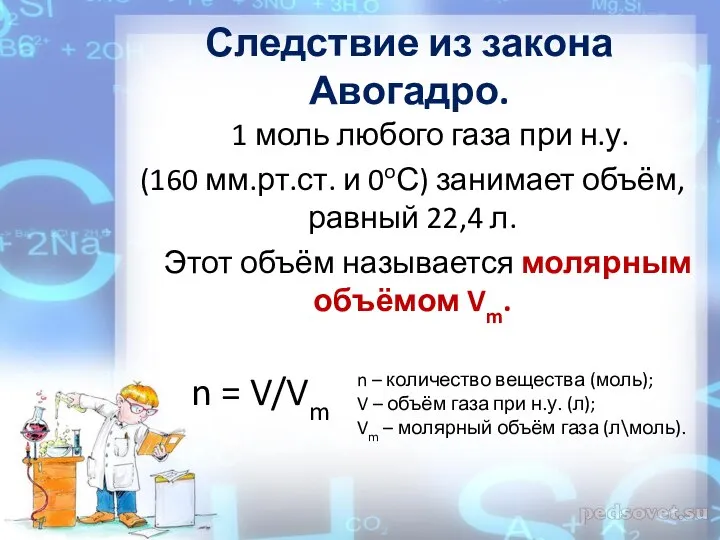 Следствие из закона Авогадро. 1 моль любого газа при н.у. (160