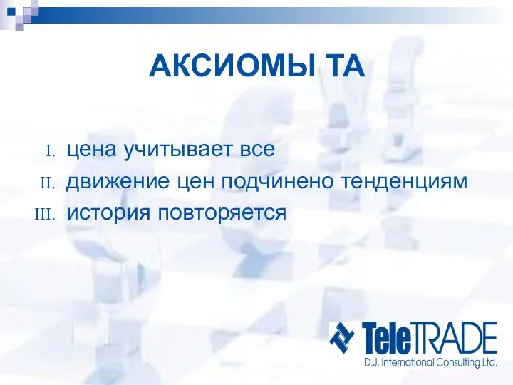 АКСИОМЫ ТА цена учитывает все движение цен подчинено тенденциям история повторяется