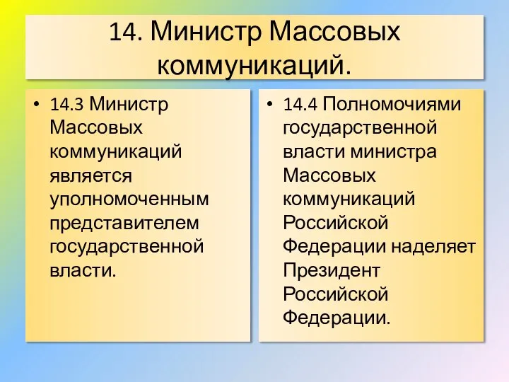 14. Министр Массовых коммуникаций. 14.3 Министр Массовых коммуникаций является уполномоченным представителем