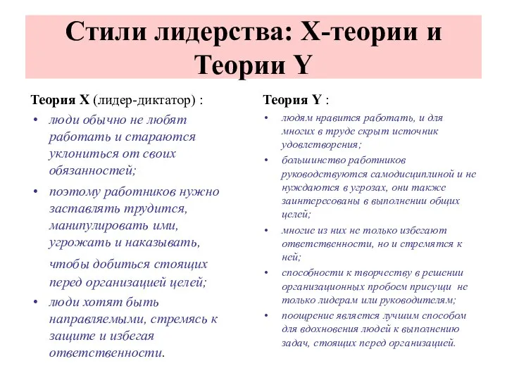 Стили лидерства: Х-теории и Теории Y Теория Х (лидер-диктатор) : люди