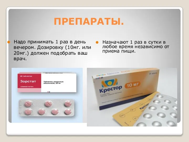 ПРЕПАРАТЫ. Надо принимать 1 раз в день вечером. Дозировку (10мг. или