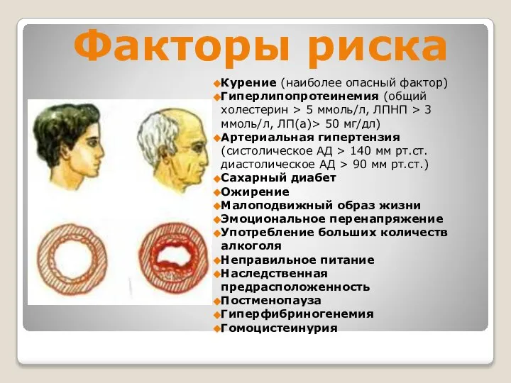 Факторы риска Курение (наиболее опасный фактор) Гиперлипопротеинемия (общий холестерин > 5