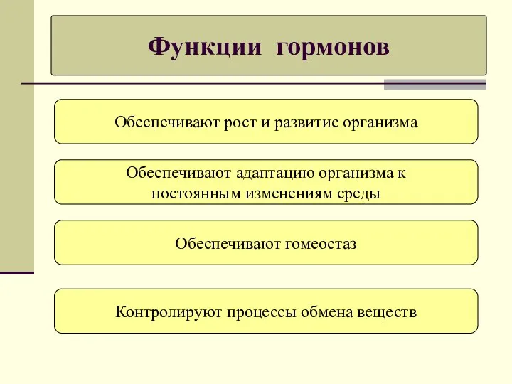 Функции гормонов Обеспечивают рост и развитие организма Обеспечивают адаптацию организма к