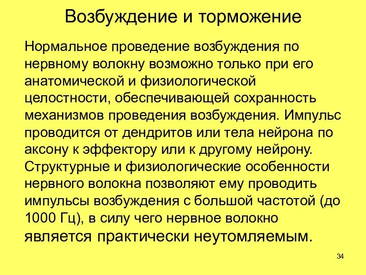 Возбуждение и торможение Нормальное проведение возбуждения по нервному волокну возможно только